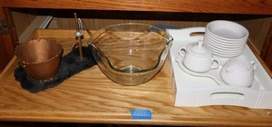 lot 134 image: White serving tray and dishes, clear serving bowl and copper water spicket sculpture