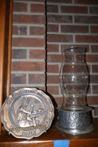 lot 164 image: Pewter plate, tin punch candle holder with glass hurricane cover