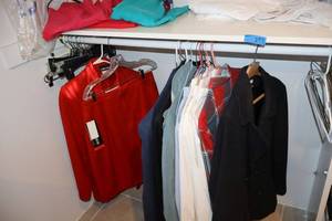 lot 257 image: Mixed clothes and coats red suit size 14, wool coat size L,