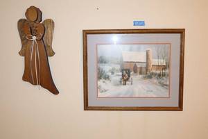 lot 305 image: Framed wall art with horse and buggy and wooden angel