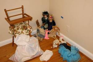 lot 306 image: Vintage doll high chair, dolls and doll clothes