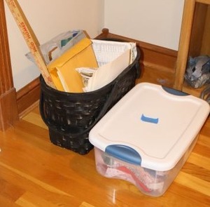 lot 282 image: Sewing fabrics, Basket with sewing patterns and craft supplies