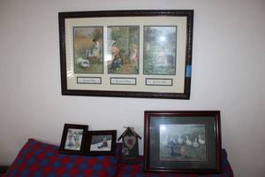 lot 285 image: Framed wall art print and wood birdhouse