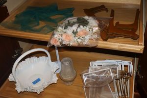 lot 31 image: Vintage white milk glass hobnail basket - 12 wide x 10 high. Plus picture frame holders and more