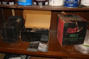 lot 344 image: Tools drywall nails, drill bits, drum sanding kit, and sander