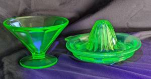 Vintage Federal Glass Uranium Sherbert Bowl and Uranium Juicer