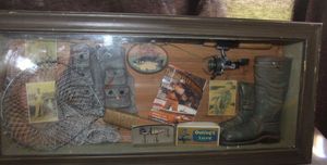 lot 45 image: Vintage-style Shadow Box Features a Rustic Display of Fishing Gear, Including a Reel, Lures, Boots and a Net