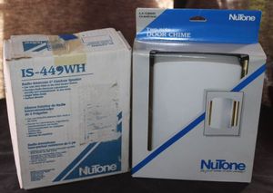 lot 74 image: White surface mounted Door Chime Unit Designed for Residential Installation, and Vintage nu-tone IS-449WH Intercom Outdoor Speaker Audio Component Designed for Use with Specific Older Intercom Systems.