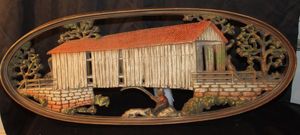lot 84 image: Vintage Burwood #4351 Oval Wall Hanging Decor Depicting Fisherman with A Dog Under a Covered Bridge