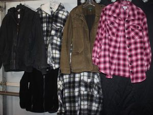 lot 86 image: Collection of Various Flannel Shirts, Hooded Flannel Jackets and Coats. Ralph Lauren Size Large, 2 Derek Heart Size Medium, Port Authority and others