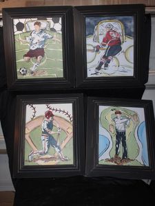 lot 99 image: Four Framed Sports-Themed, Paintings