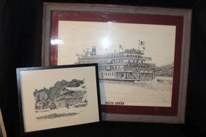 lot 100 image: Vintage Framed Prints featuring The Delta Queen Steamboat, One has been autographed by the artist, Robert Conely