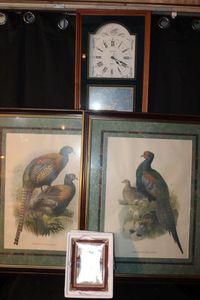 lot 120 image: Antique Lithograph Prints of pheasants in Matching Matted Frames. Franklin Mint Limited Edition Porcelain Rectangle Plate titled News Hound and Vintage Ingraham Shadow box Wall clock Featuring a deer wildlife scene with quartz movement