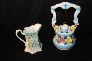 lot 116 image: Vintage Capodimonte Style Ceramic Wishing Well Planter and Small Pitcher