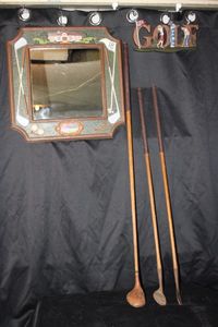 lot 105 image: Vintage Golf themed Home Decor Items , and 3 antique hickory shaft golf clubs, from the 20s to 30s. Thistle engraved on bottom