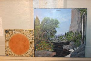 lot 106 image: Decorative Wall Tile and Landscape Painting Depicting a Waterfall and Forest Theme