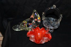 lot 111 image: Murano Venetian Red Glass & Silver Leaf BowlAshtray, Murano Dove Paper weight with colorful millefiori, and Romanian art Glass Basket