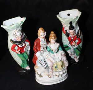 lot 124 image: Vintage Porcelain items featuring a Colonial Couple and Spill Vases.