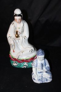 lot 127 image: Vintage Porcelain Chinese Bodhisattva of Compassion Guan Yin alongside a smaller Buddha Figure