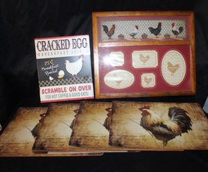 lot 128 image: Farmhouse Style Kitchen Items featuring decorative placemats, photo frame, small signs in a rustic roosterchicken theme