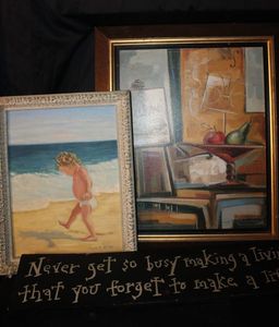 lot 129 image: Two framed paintings alongside a decorative plaque with the quote never get too busy making a livin that you forget to make a life