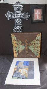 lot 139 image: Various Christian-themed home decor pieces including a handcrafted wooden piece