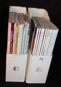 lot 144 image: Two Carboard Magazine holders with books on crafting, scrapbooking, journaling, and home organization&nbsp