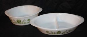 lot 30 image: Vintage White Milk glass baking Dishes, from Glasbake, Green Daisy Pattern