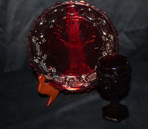 lot 158 image: Two Dessert Plates and Two Wine Goblets from the Vintage Avon Cape Cod 1876 ruby Red Glass dinner Plate Produced by Wheaton Glass Company