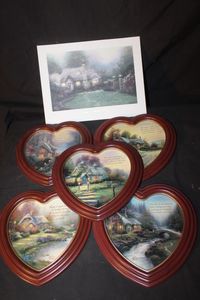 lot 181 image: Collection of Vintage Thomas Kinkade Heart Shaped Framed Wall plaques.