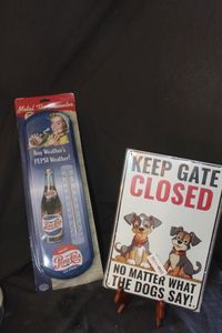 lot 232 image: Two Vintage Metal Signs, Pepsi Thermometer and Keep Gate Closed, No Matter What The Dogs Say