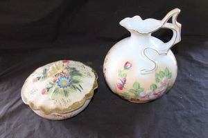lot 243 image: Two Vintage Japanese Porcelain Nippon ware hand-painted&nbsp Decor Pieces Victorian-era Pitcher, Ornate Lidded candy dish
