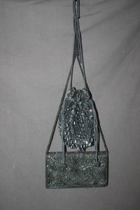 lot 284 image: Two Vintage Black Beaded and sequined Evening Clutch handbags, one with drawstring closure and a corded strap