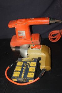lot 308 image: Collection of vintage Power Tools Likely from the 1980s or earlier. Orbital Sander, Craftsman-branded electric drill with a key chuck, Sears, Roebuck and Co. Sash and door cutter Kit Model 9-2407