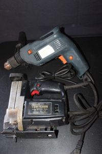 lot 309 image: Vintage Corded Power tools, Craftsman auto scroller saw and Corded 12 impact drill with level reversible 2 speed