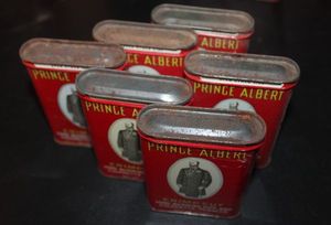 lot 312 image: Six Vintage Prince Albert crimp cut pipe and cigarette tobacco tins (empty)