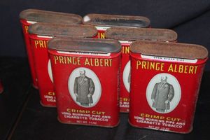 lot 313 image: Six Vintage Prince Albert crimp cut pipe and cigarette tobacco tins (empty)