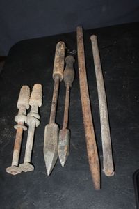 lot 350 image: Vintage soldering tools, likely from the early to mid 20th century, used for primitive blacksmithing or plumbing work. They are designed to be heated in a flame or coal fire rather than electricity&nbsp