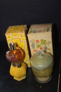 lot 369 image: Two Vintage Avon Decanter bottles with original boxes. moonwind Parlor lamp from the 1970s and glass collectible perfume japr
