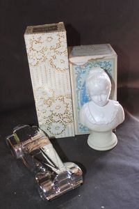 lot 379 image: two avon decanter bottles with boxes milk glass butst and silver car