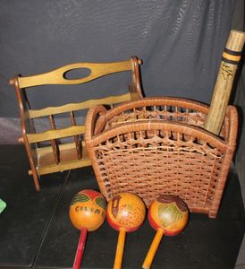 lot 481 image: Two Magazine Racks, Set of Columbian Maracas, and Chilean Cactus Rain Stick