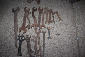 lot 24 image: Vintage Laser Bamford and other named farm implements wrenches&nbsp
