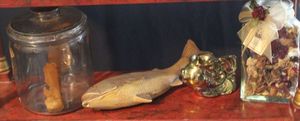 lot 565 image: Vintage Prince Albert Glass Tobacco Jar, Ceramic Fish, Ceramic Fish Candle Holder and, Potpourri Jar