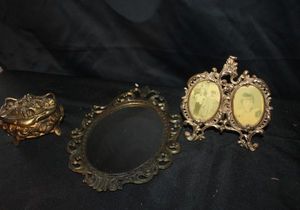 lot 567 image: Vintique Brass Twin Picture Frame, Mirror and, Trinket Dish
