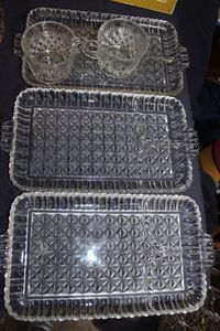 lot 614 image: Three Vintage Anchor Hocking Pressed Glass Divided Snack Trays and Two Matching Cups
