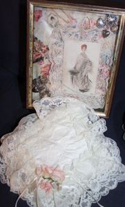 lot 329 image: Vintage shabby chic shadow box framed collage. Featuring a Vintage postcard from early 1900s featuring a illustration of an elegant lady, collectible paper item from the Victorian era or Edwardian era.&nbsp see below for more details
