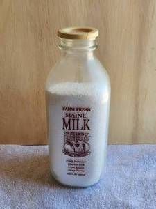 lot 24 image: Vintage square glass milk bottle - State of Maine Cheese Company - with rare LePages milk cap