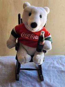 lot 44 image: Vintage Coca Cola stuffed Polar Bear in a wood rocking chair