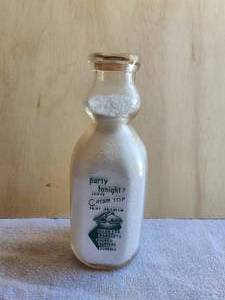 lot 136 image: Vintage square glass milk bottle with creamer top - Quart - with rare Try Green Spot Orange Drink milk cap