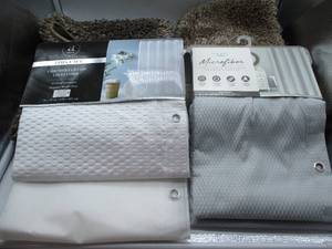 lot 1 image: Two Set of New Shower Curtains in White & Grey plus Bath Rugs